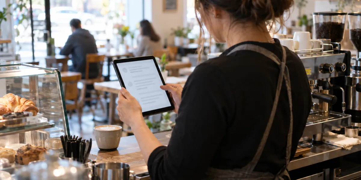 Café owner reading a drafted reply to a customer comment on a tablet at the counter